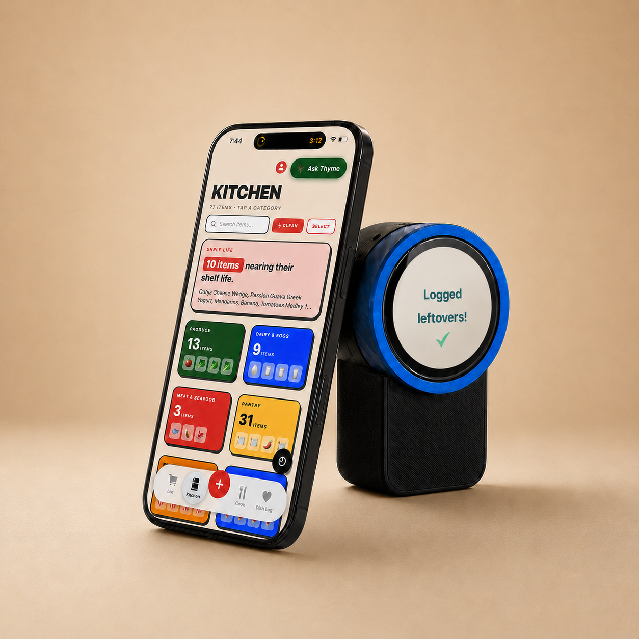 Trepo kitchen assistant device beside the Trepo app showing a virtual kitchen